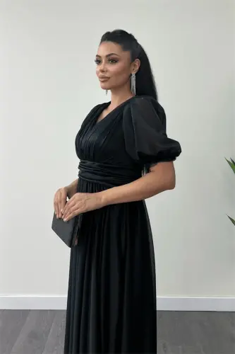 Tulle Glitter Fabric Ruched Detail Midi Dress - BLACK - 3