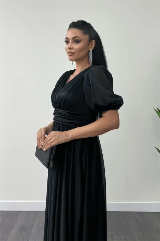 Tulle Glitter Fabric Ruched Detail Midi Dress - BLACK - 3