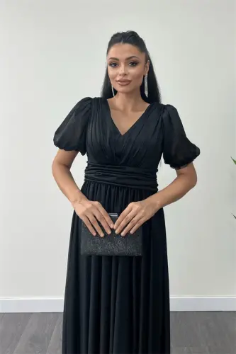 Tulle Glitter Fabric Ruched Detail Midi Dress - BLACK - 4