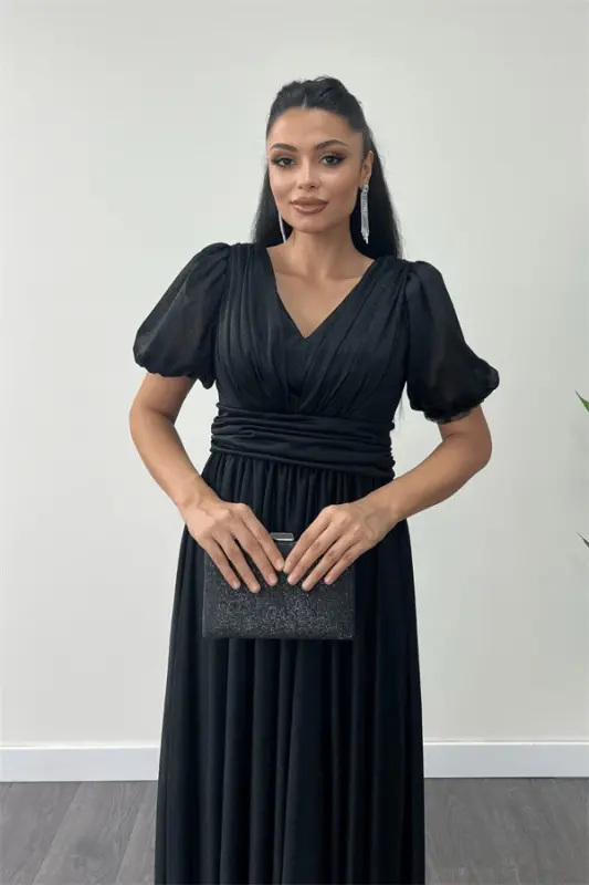 Tulle Glitter Fabric Ruched Detail Midi Dress - BLACK - 4