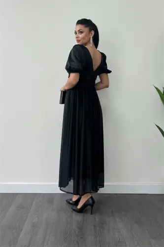 Tulle Glitter Fabric Ruched Detail Midi Dress - BLACK - 5