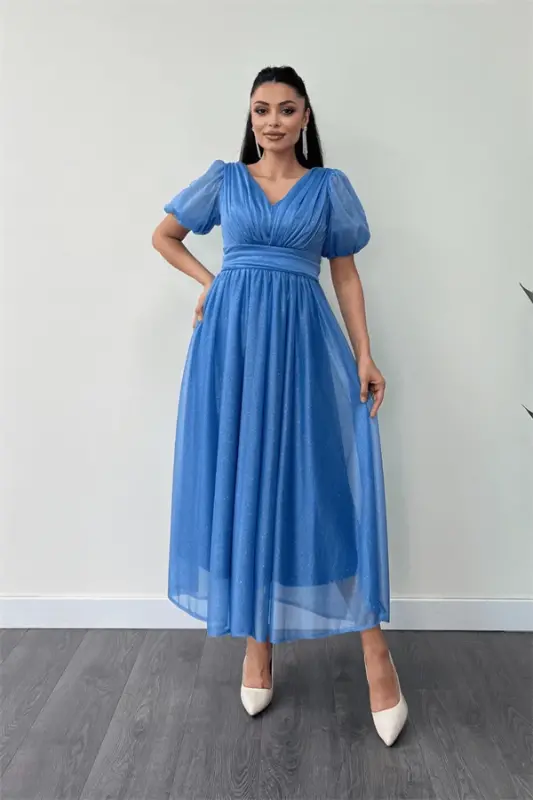 Tulle Glitter Fabric Ruched Detail Midi Dress - INDIGO - BÜYÜKBEDENIZ
