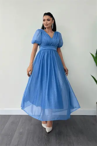 Tulle Glitter Fabric Ruched Detail Midi Dress - INDIGO - BÜYÜKBEDENIZ (1)
