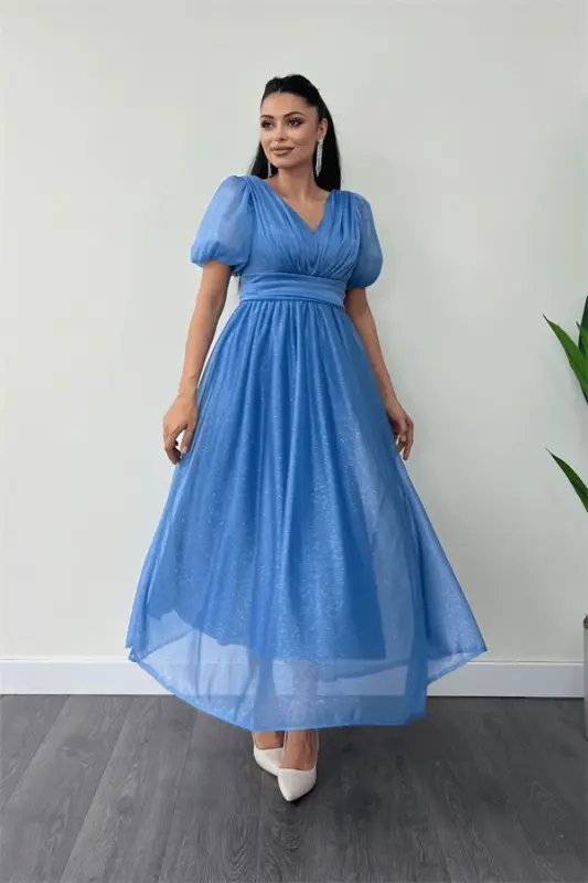 Tulle Glitter Fabric Ruched Detail Midi Dress - INDIGO - 2