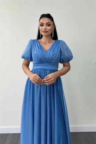 Tulle Glitter Fabric Ruched Detail Midi Dress - INDIGO - 3