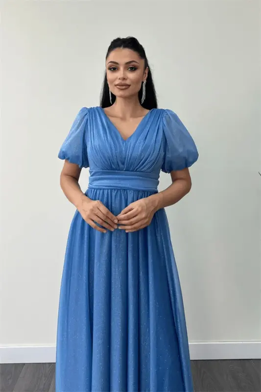 Tulle Glitter Fabric Ruched Detail Midi Dress - INDIGO - 3