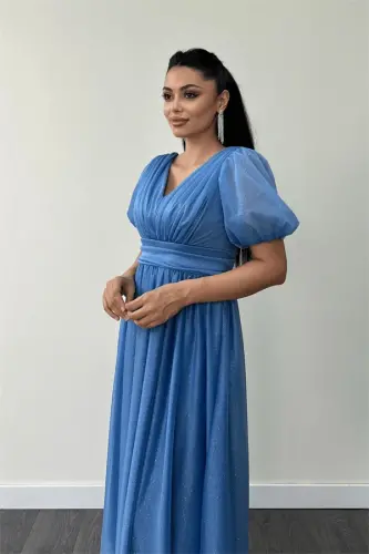 Tulle Glitter Fabric Ruched Detail Midi Dress - INDIGO - 4