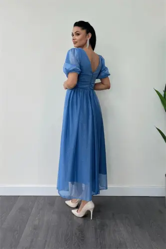 Tulle Glitter Fabric Ruched Detail Midi Dress - INDIGO - 5