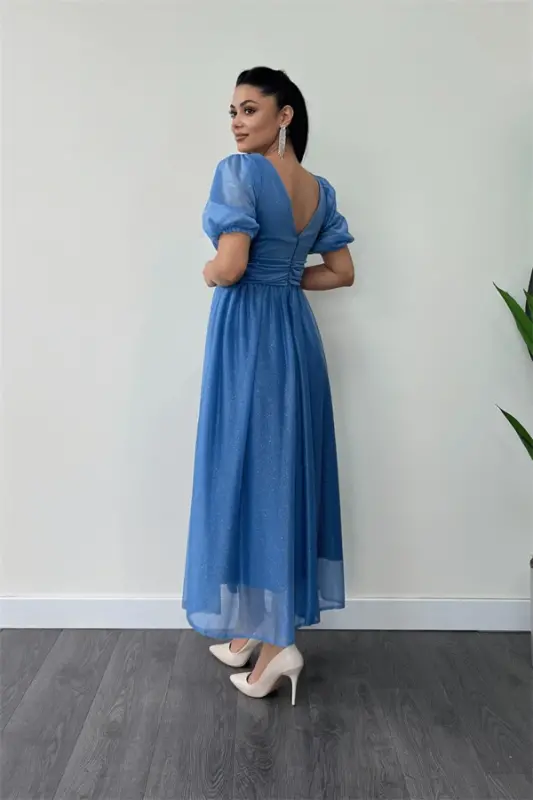 Tulle Glitter Fabric Ruched Detail Midi Dress - INDIGO - 5