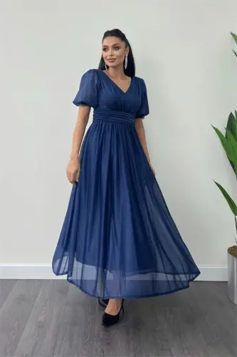 Tulle Glitter Fabric Ruched Detail Midi Dress - NAVY BLUE - BÜYÜKBEDENIZ (1)