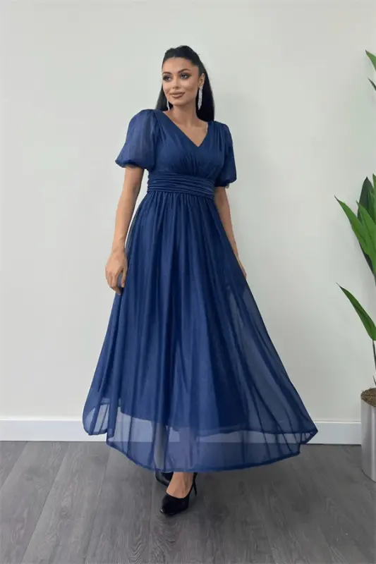 Tulle Glitter Fabric Ruched Detail Midi Dress - NAVY BLUE - 2