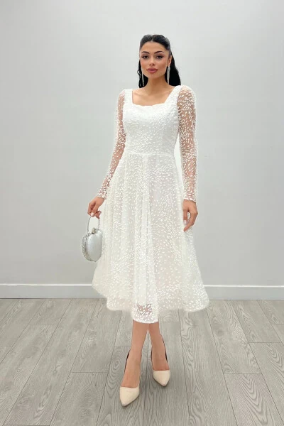 Tulle Glitter Fabric Square Neck Midi Evening Dress - White - GIYIMMASALI (1)