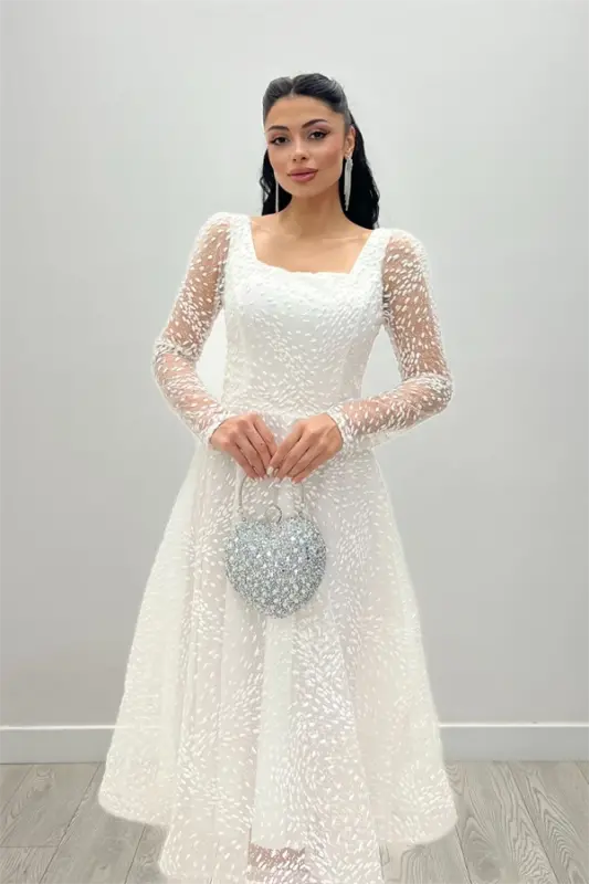 Tulle Glitter Fabric Square Neck Midi Evening Dress - WHITE - 1