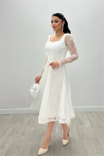 Tulle Glitter Fabric Square Neck Midi Evening Dress - WHITE - 3