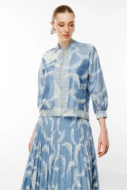 Tulle Lace Detail Pleated Skirt Suit-BLUE - 1