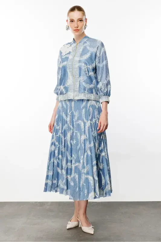 Tulle Lace Detail Pleated Skirt Suit-BLUE - 2