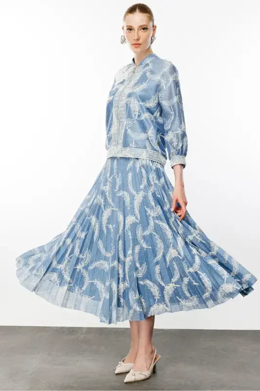 Tulle Lace Detail Pleated Skirt Suit-BLUE - 3