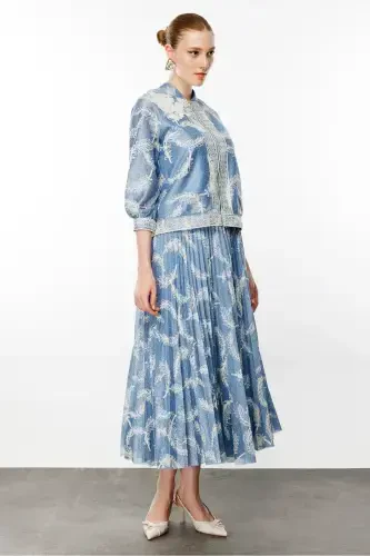 Tulle Lace Detail Pleated Skirt Suit-BLUE - 4