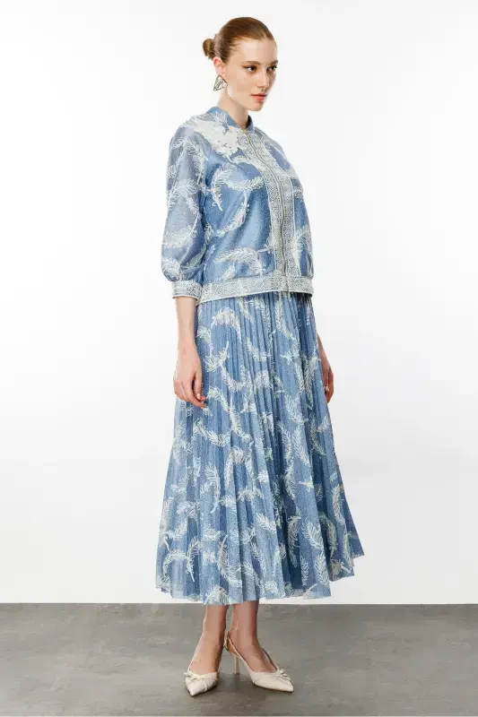 Tulle Lace Detail Pleated Skirt Suit-BLUE - 4