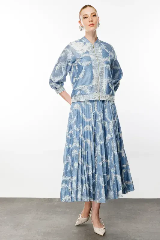 Tulle Lace Detail Pleated Skirt Suit-BLUE - 5