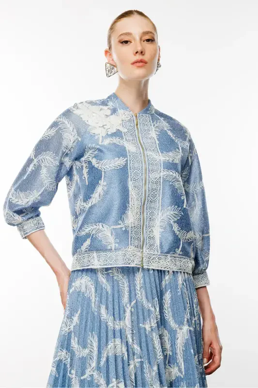 Tulle Lace Detail Pleated Skirt Suit-BLUE - 6