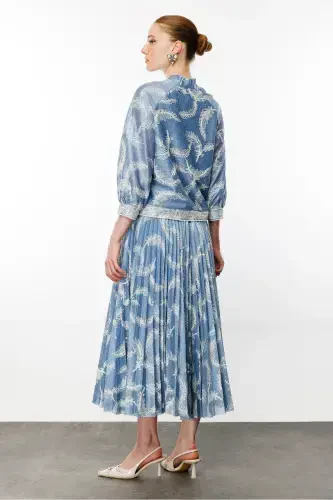 Tulle Lace Detail Pleated Skirt Suit-BLUE - 7