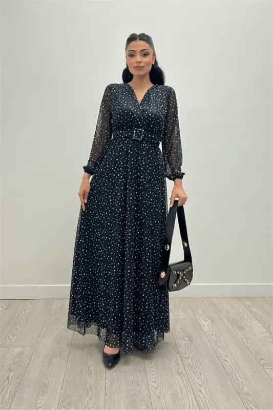 Tulle Laser Print Belt Detailed Dress - Black - 1