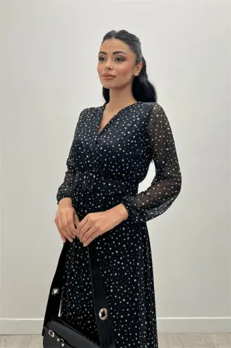 Tulle Laser Print Belt Detailed Dress - Black - 9