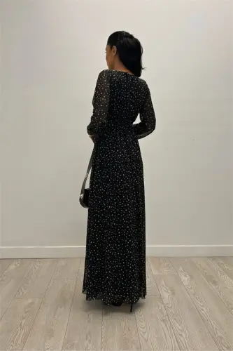 Tulle Laser Print Belt Detailed Dress - Black - 7