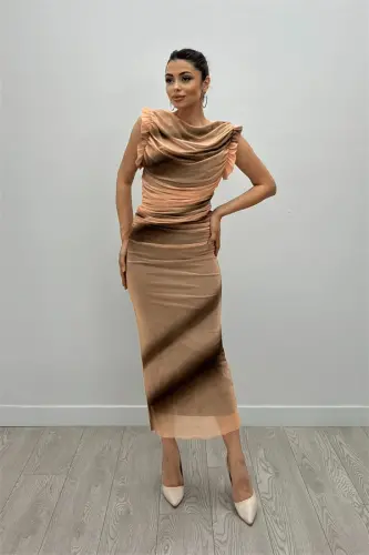 Tulle Patterned Fabric Ruched Detail Pencil Dress - ORANGE - 2