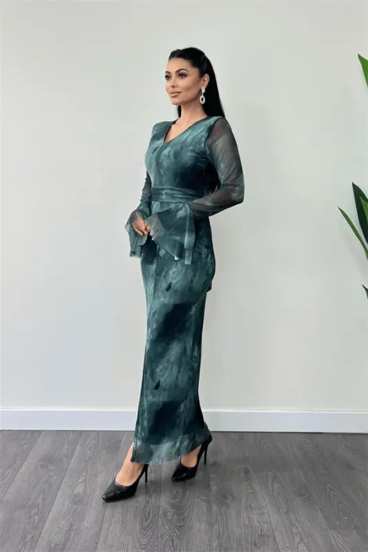 Tulle Patterned Fabric Ruffle Sleeve Pencil Dress - TURQUOISE - 2