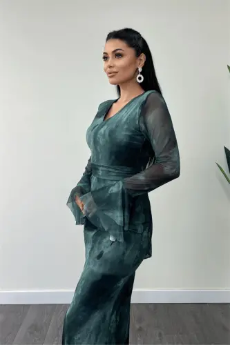 Tulle Patterned Fabric Ruffle Sleeve Pencil Dress - TURQUOISE - 3