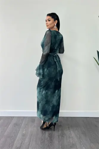 Tulle Patterned Fabric Ruffle Sleeve Pencil Dress - TURQUOISE - 5
