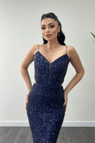 Tulle Sequin Bead Fabric Pencil Dress with Back Detail - NAVY BLUE - 3