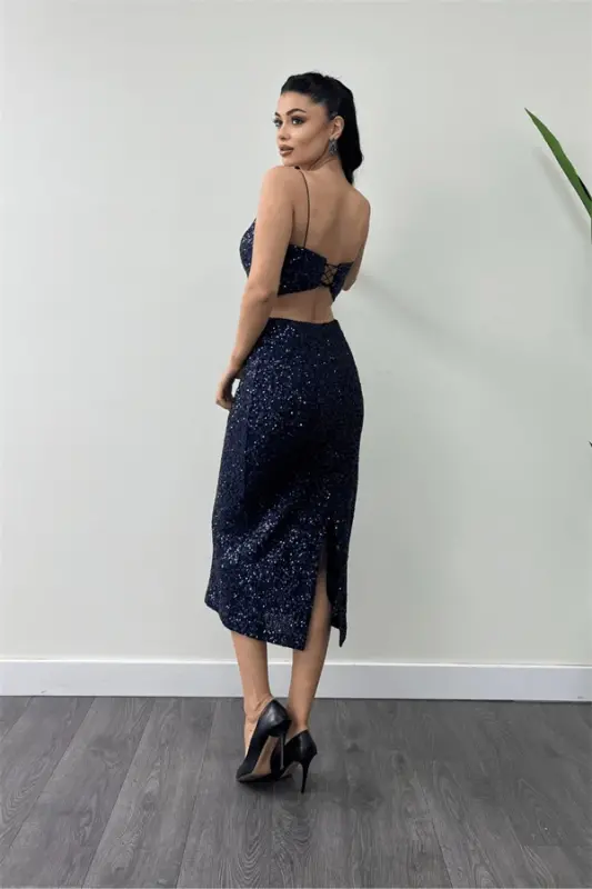 Tulle Sequin Bead Fabric Pencil Dress with Back Detail - NAVY BLUE - 5