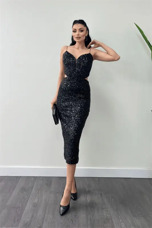Tulle Sequin Beaded Fabric Pencil Dress with Back Detail - BLACK - 2