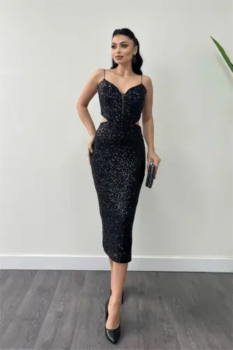 Tulle Sequin Beaded Fabric Pencil Dress with Back Detail - BLACK - 1