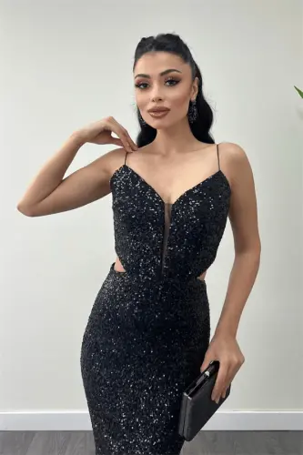 Tulle Sequin Beaded Fabric Pencil Dress with Back Detail - BLACK - 3