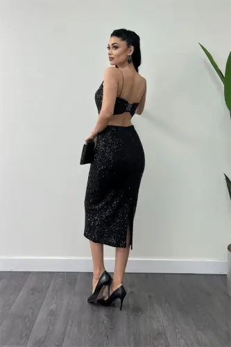 Tulle Sequin Beaded Fabric Pencil Dress with Back Detail - BLACK - 5