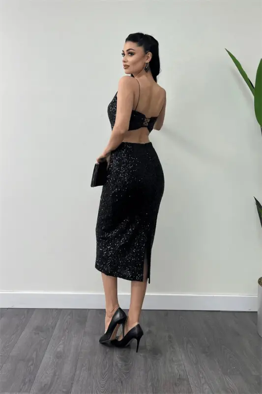 Tulle Sequin Beaded Fabric Pencil Dress with Back Detail - BLACK - 5