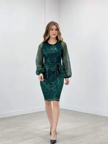 Tulle Sequin Design Dress - EMERALD GREEN - BÜYÜKBEDENIZ (1)