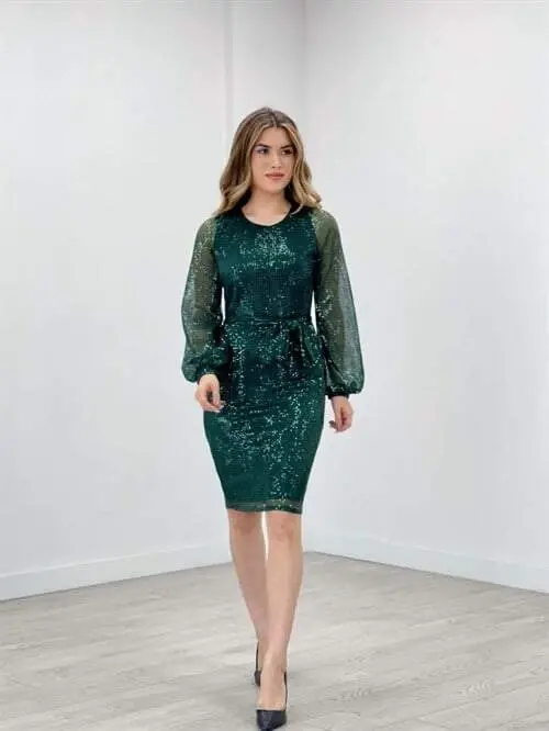 Tulle Sequin Design Dress - EMERALD GREEN - 2