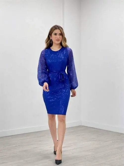 Tulle Sequin Design Dress - SAXE BLUE - 1