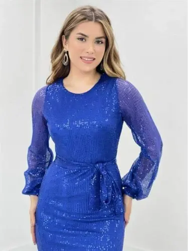 Tulle Sequin Design Dress - SAXE BLUE - 3