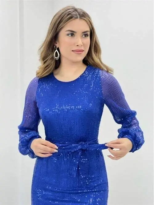 Tulle Sequin Design Dress - SAXE BLUE - 4