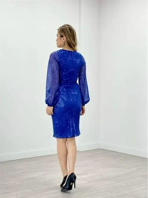 Tulle Sequin Design Dress - SAXE BLUE - 5