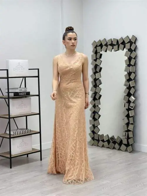 Tulle Sequin Design Fishtail Dress - GOLD - 2