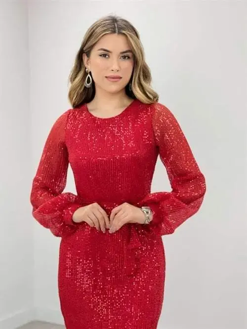 Tulle Sequin Designer Dress - RED - 3