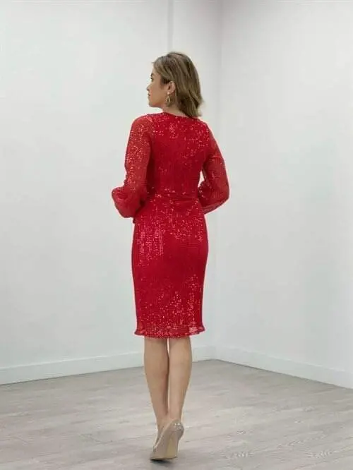 Tulle Sequin Designer Dress - RED - 5