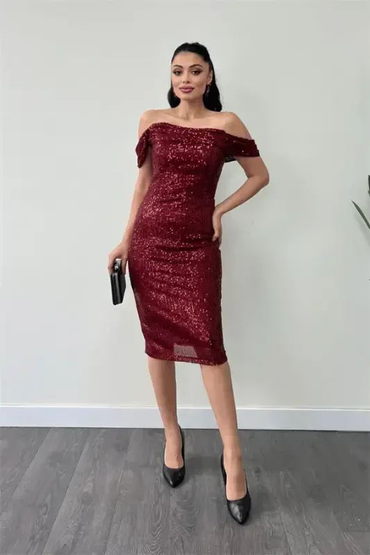 Tulle Sequin Fabric Cowl Neck Pencil Dress - BURGUNDY - 1